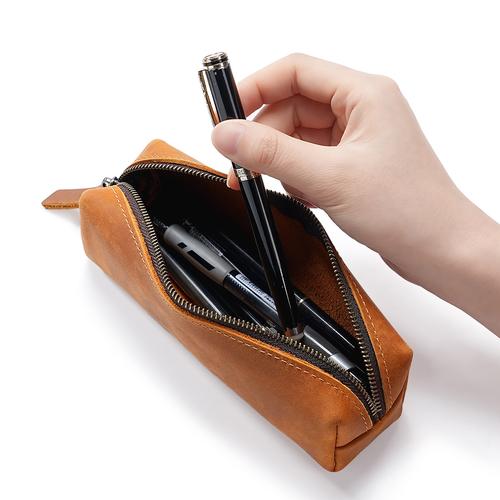 疯马皮新款文具笔袋头层牛皮学生铅笔钢笔办公用品拉链收纳包真皮